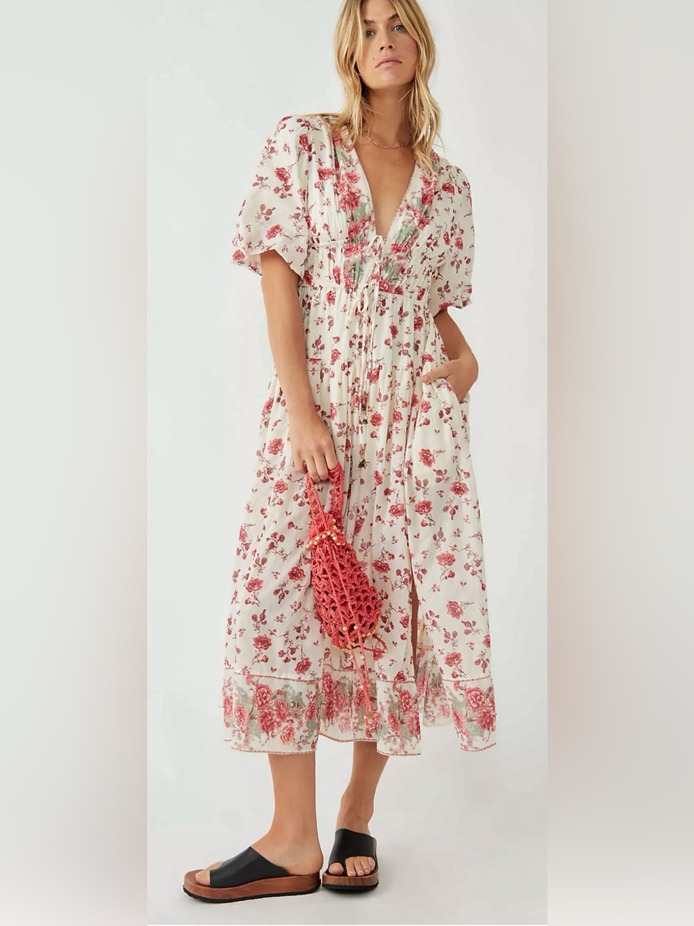Free People Lysette Floral Maxi Dress Tea Combo Boho Puff Sleeve Pockets Medium